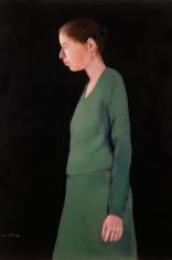 עומדת בפרופיל עם שמלה ירוקה, שמן על בד, 120/160, 2005  (אצל עמית גיל)
